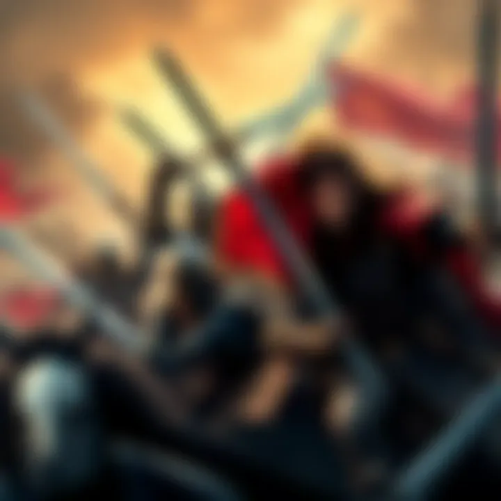 An epic battle scene featuring warriors clashing swords in a dramatic setting