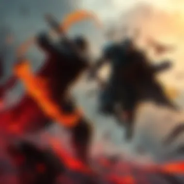 Battle Scene with Bayle An intense battle between a warrior and the character Bayle, showcasing dynamic poses and vibrant colors in the artwork.