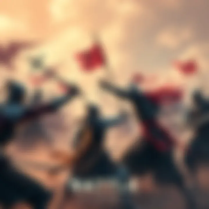 An illustration showing a battlefield with warriors from different kingdoms engaging in a fierce fight, showcasing their distinctive armor and weapons of the Three Kingdoms era.