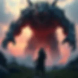 A warrior stands bravely facing a massive monster in an epic battle scene, showcasing intense action and a dramatic landscape.