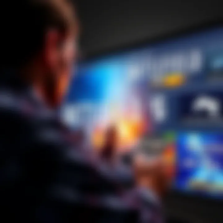 A gamer looking at various Battlefield game titles on a screen with options for discounts