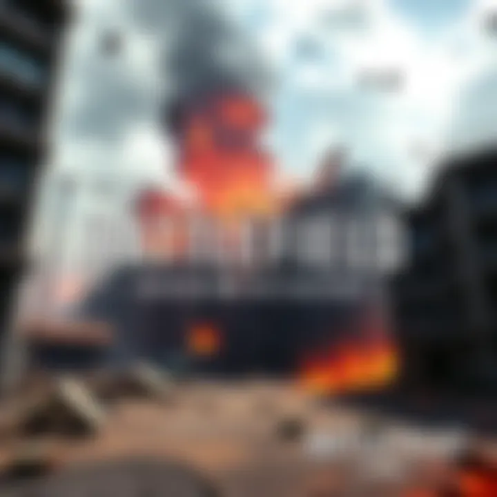 A scene showing intense destruction in a Battlefield game environment, with debris flying and buildings collapsing.