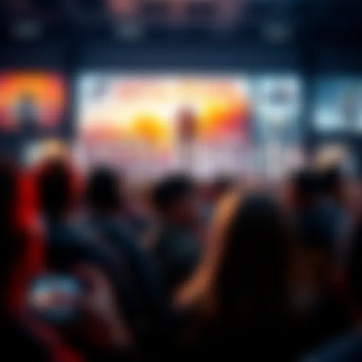 A crowd of gamers excitedly discussing Battlefield 6 with game posters in the background