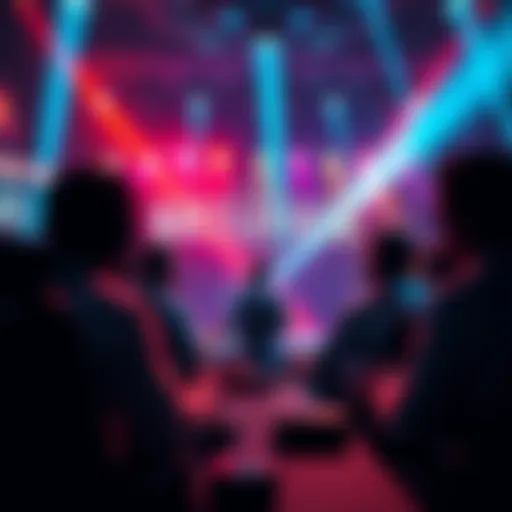 A group of players in a virtual concert environment, discussing weapon damage mechanics amidst colorful lights and sound effects.