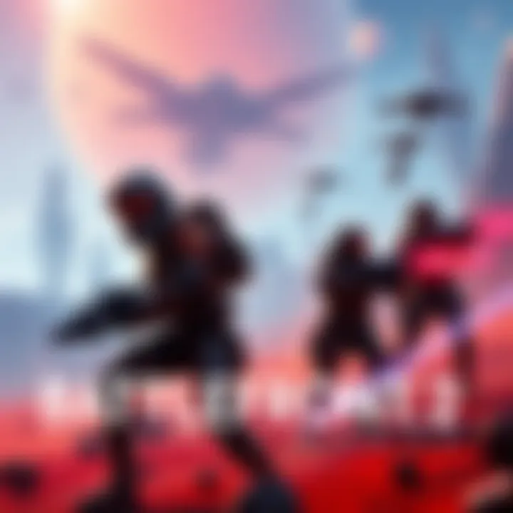 A group of soldiers in futuristic armor fighting in a vibrant alien landscape, showcasing dynamic gameplay as they use different abilities and weapons.