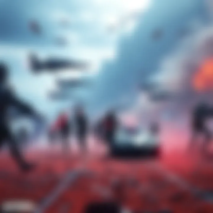 Concept art showing characters and vehicles from Battlefront 3 with a backdrop of a sci-fi battlefield
