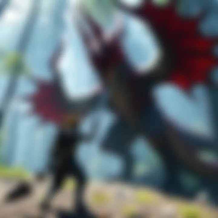 A player in armor fights against Rathian and Rathalos in a forested area, showcasing intense action and teamwork against the monsters