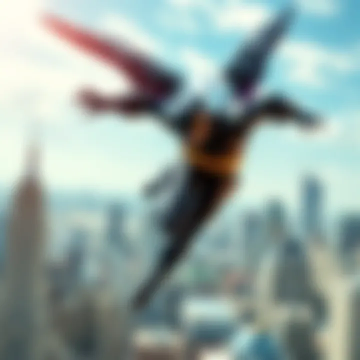 Batwing, the superhero Luke Fox, showcasing his advanced suit and gadgets, flying through the city skyline.