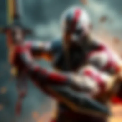 Dave Bautista dressed as Kratos, the warrior from the God of War series, wielding a weapon in an action pose.