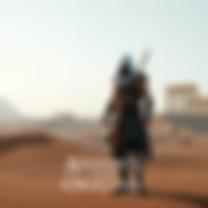 Bayek standing in a vast desert with ancient ruins in the background, ready for action.