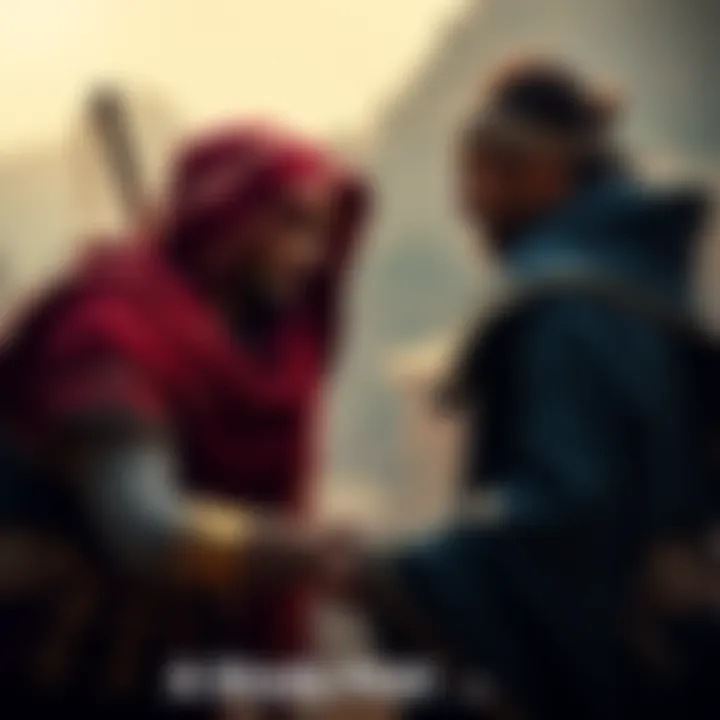 Bayek showing kindness Bayek, a character from Origins, helps a villager in need, reflecting his compassion and heroic nature.