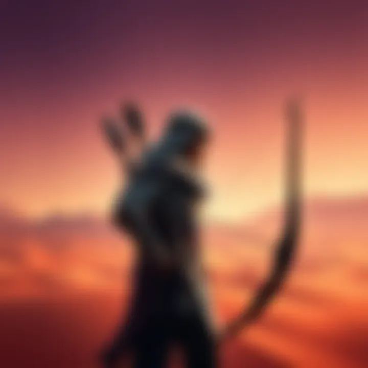 Bayek, the main character of Assassin's Creed Origins, standing in a desert landscape with his bow, looking determined