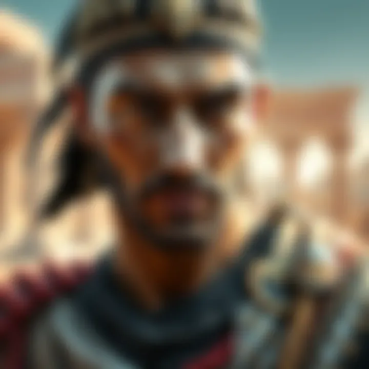 Close-up of Bayek, a strong and determined character wearing traditional Egyptian clothing with a background of ancient ruins.