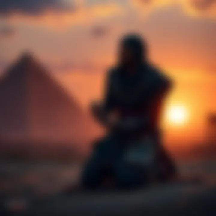 Bayek kneeling in sorrow, holding a small object symbolizing his loss as the sun sets behind him, reflecting a moment of grief in ancient Egypt.