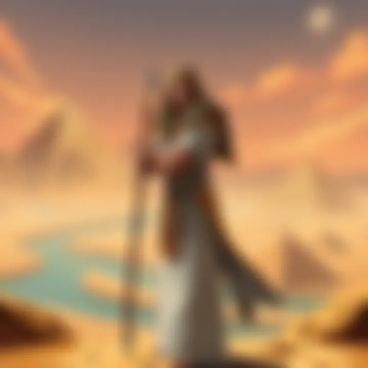 An illustration of Bayek of Siwa, a warrior in traditional ancient Egyptian attire, standing proud against a backdrop of pyramids and the Nile River.