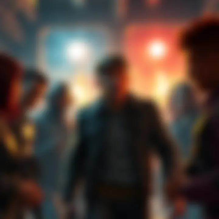 A dramatic scene showing Bayle making a surprise entrance in a game setting, with vibrant colors and intense expressions from surrounding characters.