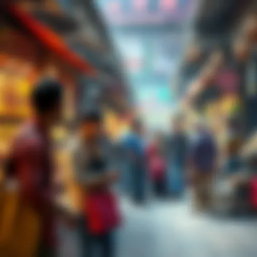 A vibrant bazaar scene with traders and customers engaging in lively conversations and exchanging goods.