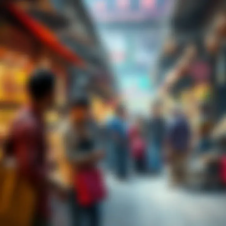 A vibrant bazaar scene with traders and customers engaging in lively conversations and exchanging goods.