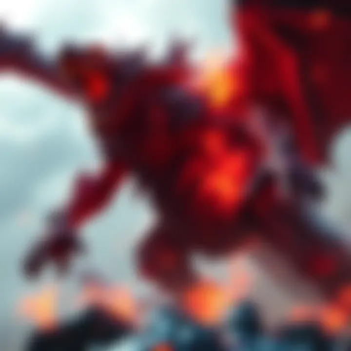 Bazelgeuse in action Bazelgeuse, a large monster with scales and explosive components, roars in a fiery battle stance, showcasing its power against hunters.