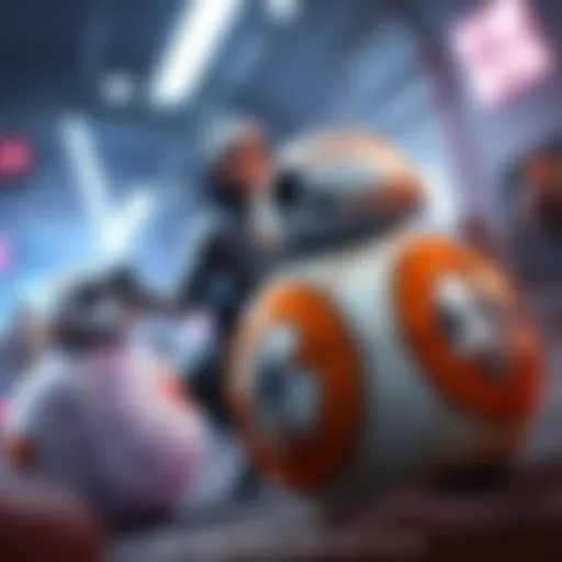 BB-8 character alongside a player in an action scene from The Force Awakens game