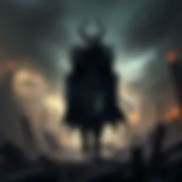 A dark, menacing figure representing a BBEG standing in a ruined landscape, symbolizing chaos and change.