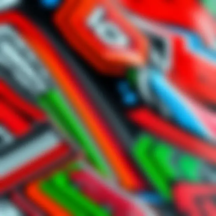 A close-up view of various new BDS decals showcasing bold colors and patterns similar to familiar designs.