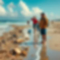 A beach covered with debris and water from a pipe burst, disrupting beach combing efforts. Enthusiasts look on in concern.