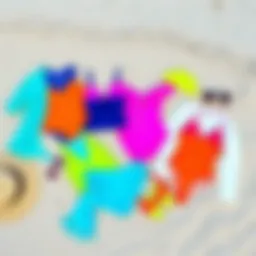 A collection of colorful beach outfits laid out on a sandy beach, including swimsuits, cover-ups, and accessories.