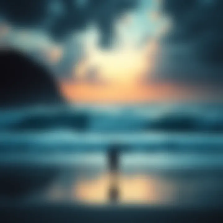 A somber beach scene with crashing waves and a solitary figure looking out to the sea, reflecting on a personal loss.