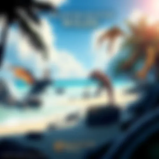 Concept art showing a beach setting with tropical elements and monsters from Monster Hunter Wilds