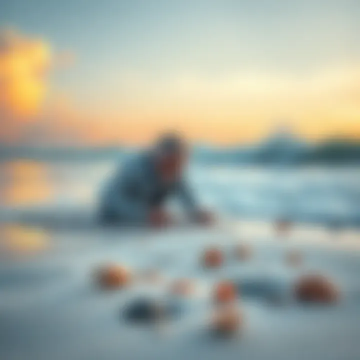 A beachcomber sifts through sand looking for hidden items, surrounded by waves and seashells.