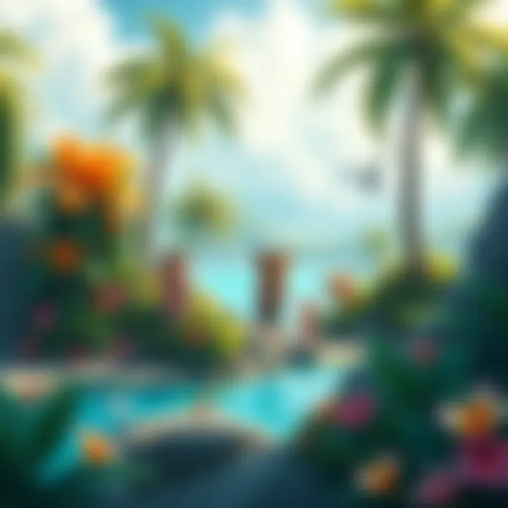 A bear child character exploring a colorful tropical island with trees and bright flowers, surrounded by friends and playful animals.