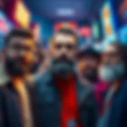 Several characters with quirky beards exploring the virtual space of Beard City