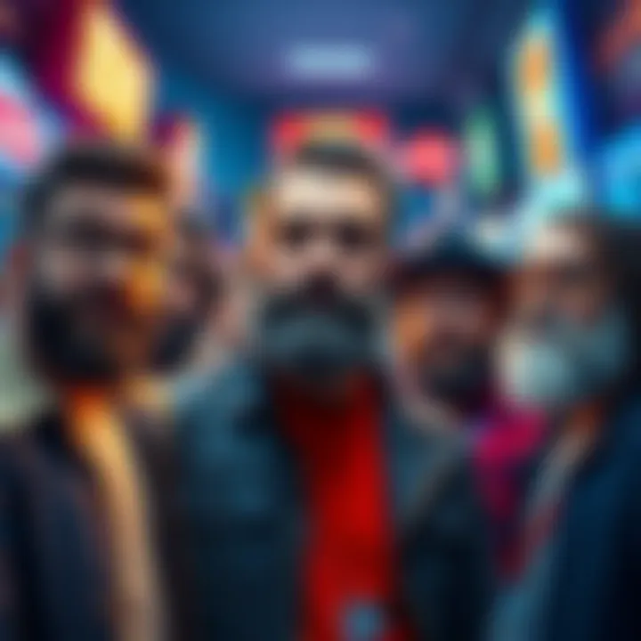 Several characters with quirky beards exploring the virtual space of Beard City