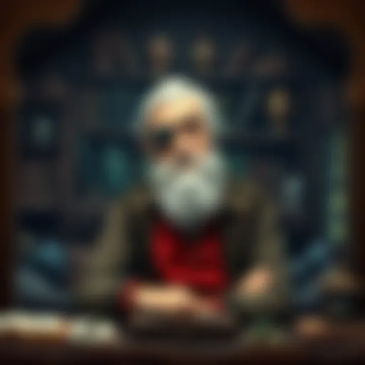 A bearded old man with an eyepatch sitting in a cozy cabin, surrounded by shelves filled with books and old treasures.