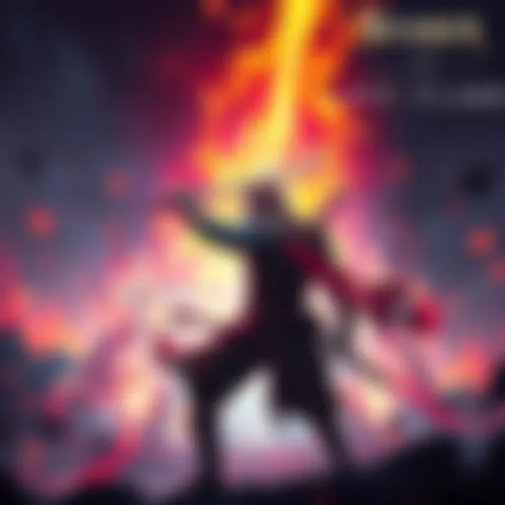 Bearer of the Last Flame Character A warrior wielding a sword, ready for battle in a vibrant fantasy setting, featuring a glowing background and mystical elements.