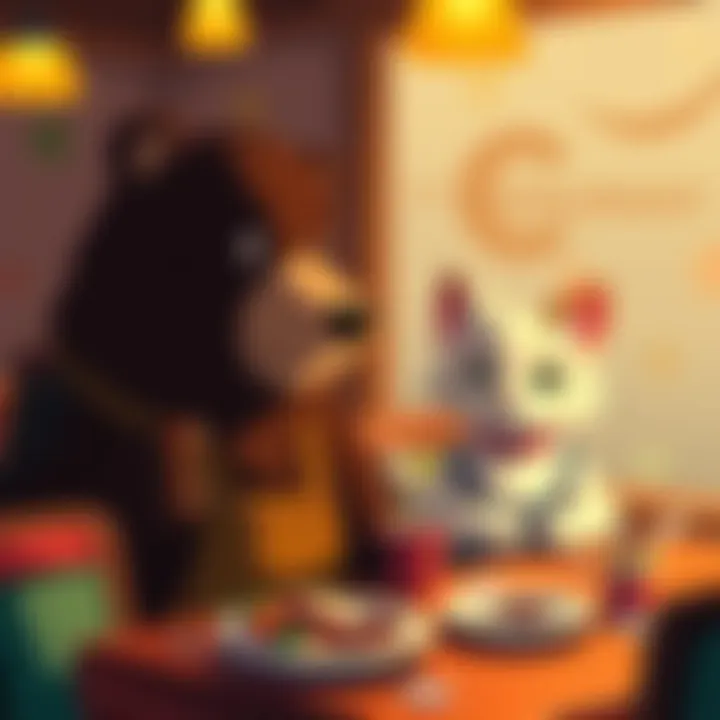 Bear and Cat serve meals in their warm restaurant, creating a comforting atmosphere for guests.