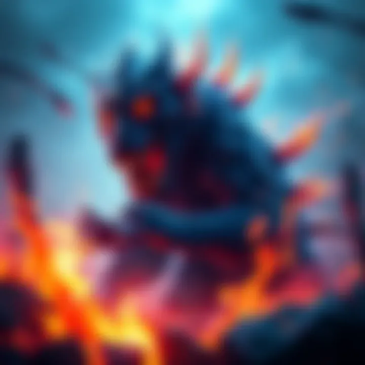 A fierce creature rises from the ashes, symbolizing rebirth in a vibrant fantasy world, with glowing elements highlighting its power and energy.