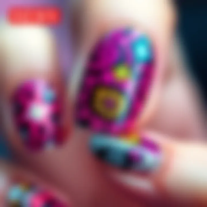Close-up of a stunning nail art design featuring vibrant colors and intricate patterns, showcasing creativity and skill.