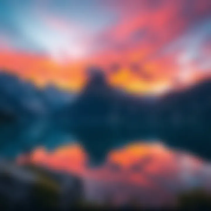 A vibrant sunset over a serene lake surrounded by mountains, capturing the stunning colors of the sky and reflections in the water.