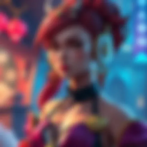 A stunning non-player character with striking features and vibrant attire, standing in a game environment, showcasing her captivating design.