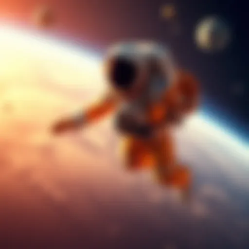 A stunning spaceman in a bright suit floating in space, representing the idea of karma's unexpected effects in life.