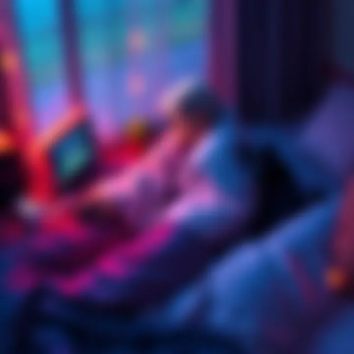 A person lounging in bed using a mouse to play video games, with a cozy atmosphere and a pet beside them