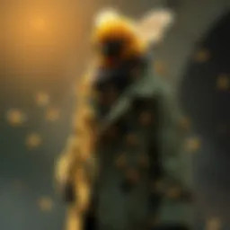 A whimsical character made of 10,000 bees wearing a stylish trench coat, showcasing a unique blend of bard and cleric traits.