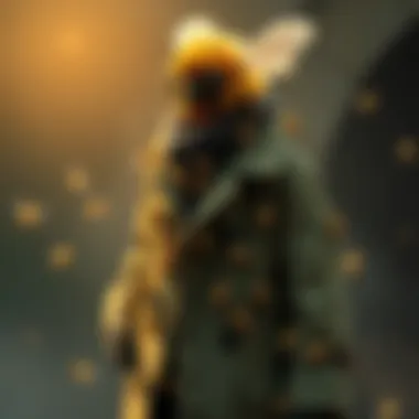 A whimsical character made of 10,000 bees wearing a stylish trench coat, showcasing a unique blend of bard and cleric traits.