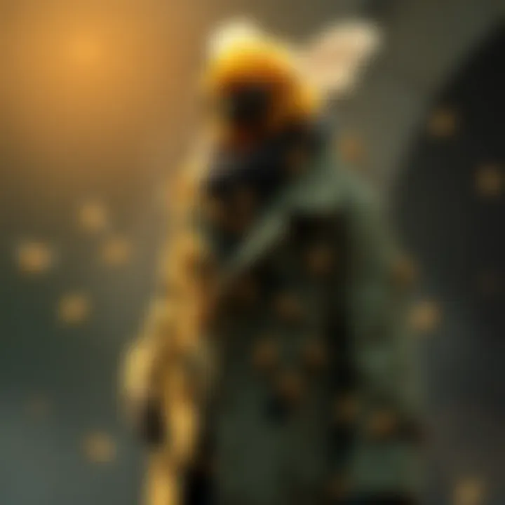 Bees in a Trench Coat A whimsical character made of 10,000 bees wearing a stylish trench coat, showcasing a unique blend of bard and cleric traits.