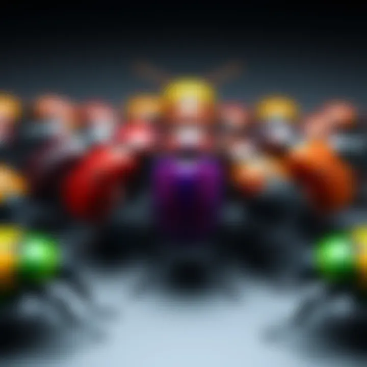 Beetles Comp Strategy A colorful arrangement of beetles in a strategic setup showing various colors and types, representing a team composition at full health during a game.