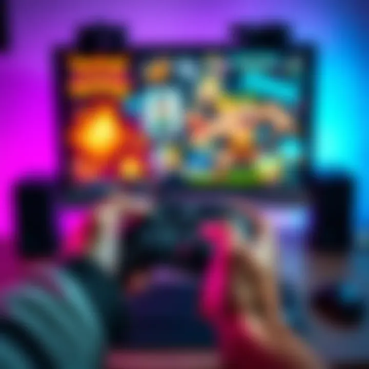 A person holding a gaming controller with a computer screen showing colorful game art and characters, illustrating beginner-friendly gaming options.