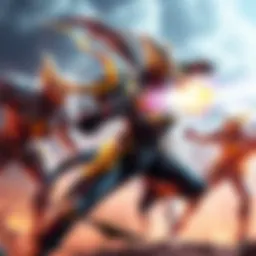A powerful Warframe character fighting enemies with an energy weapon, showcasing high damage output, ideal for new players