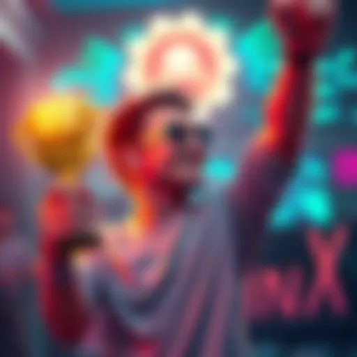 A beginner gamer celebrating after reaching platinum rank in a game, with a trophy in hand and a bright screen showing their achievement.